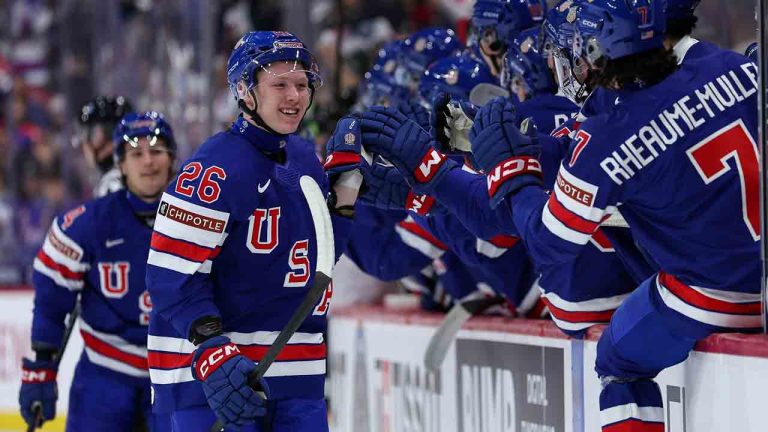 United States forward Max Plante (26) celebrates his goal with teammates during the first period of an IIHF World Junior Championship game, Friday, Dec. 26, 2025, in St. Paul, Minn. (Matt Krohn/AP)